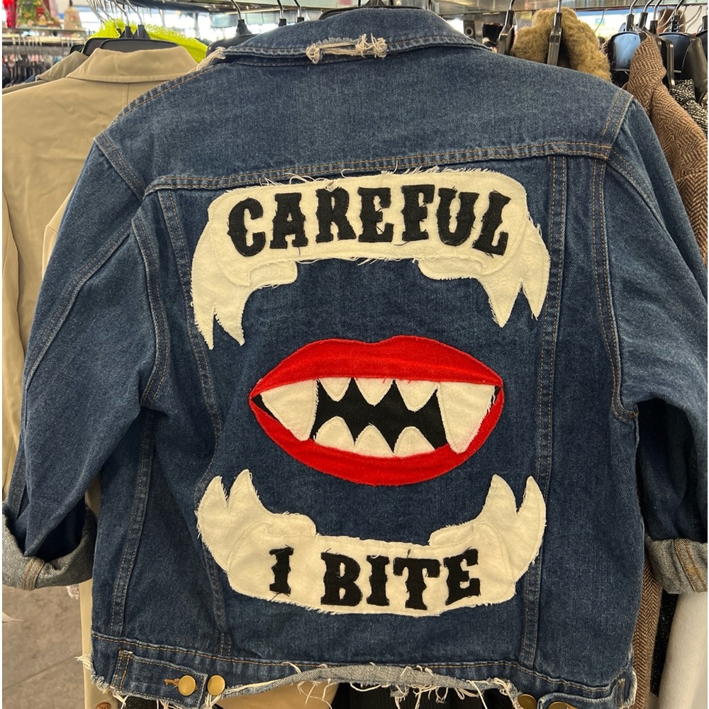 High Heels Suicide L light wash jean jacket Careful I Bite Retro Distressed